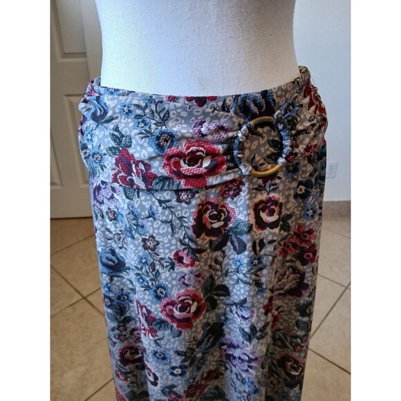 Robert Louis Maxi Skirt M Gray Red Blue Roses Cottage Fairy Whimsical Pastoral - Picture 6 of 14